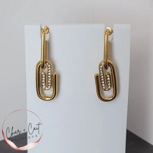 Statement 18K Gold-Plated Pave Paperclip Dangle Earrings